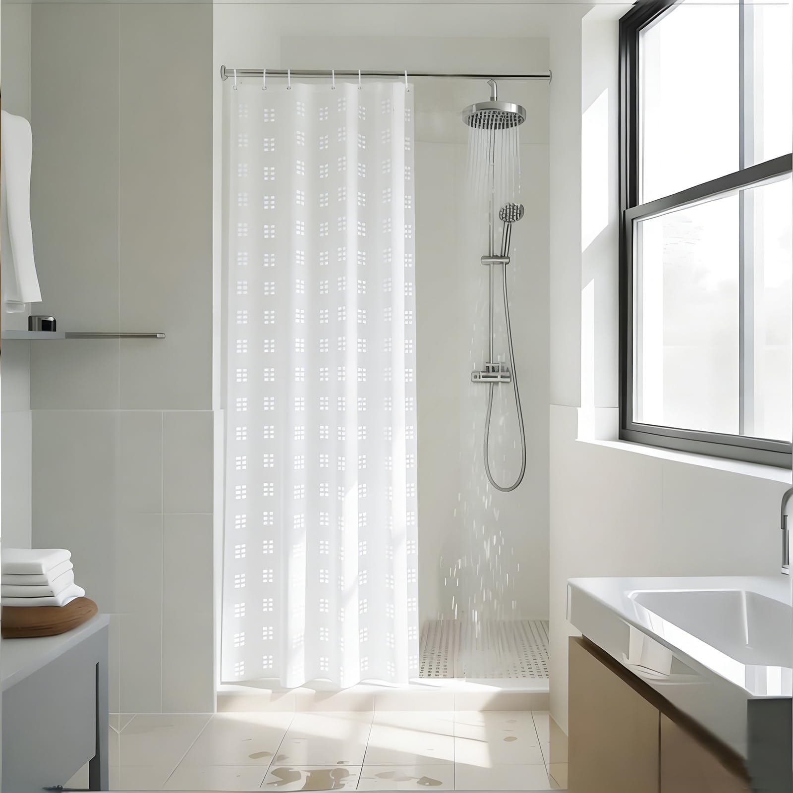 YISURE Narrow White Textured Shower Curtain for Bathroom Tub, Waterproof Fabric, 35" W x 79" L / 90x200cm, With Plastic Hooks