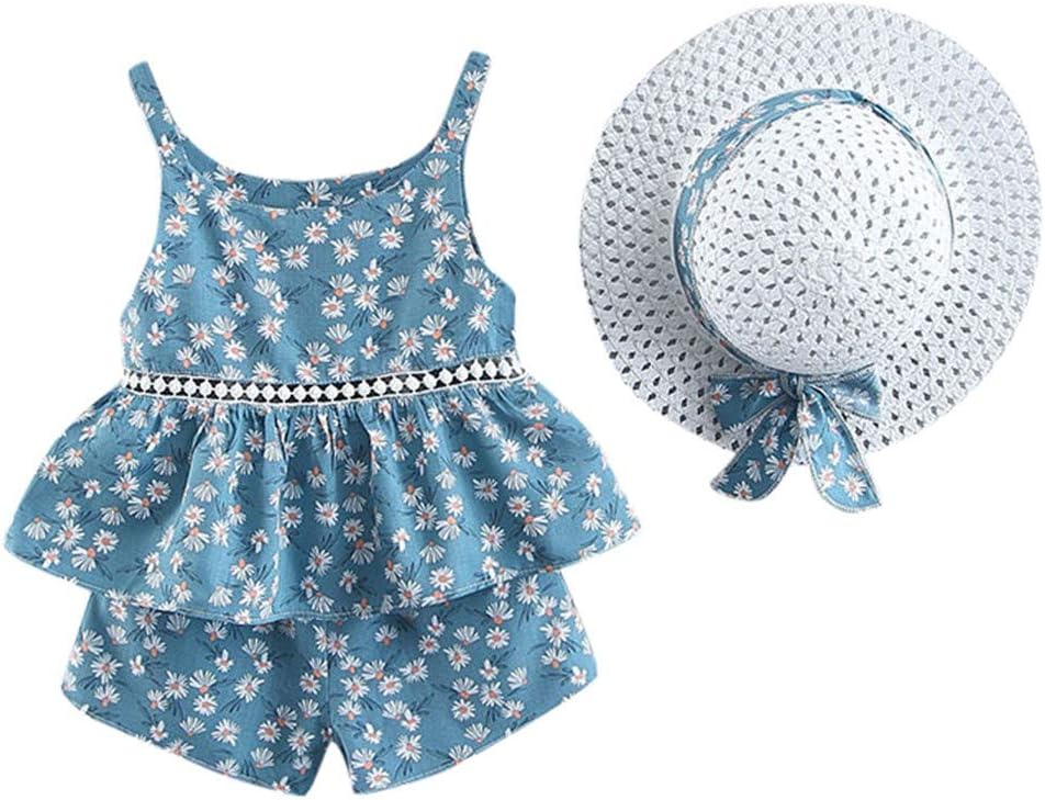 Baby Girls Clothes, Girls Floral Fruit Print Strap Shirt Dress T-Shirt Tops + Shorts +Hat Outfits 6 Months - 4 Years