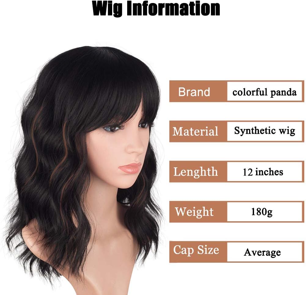 YEESHEDO Short Wavy Curly Bob Wigs with Fringe for Women Natural Hair Wig Heat Resistant Fiber for Daily Use or Cosplay Party (Black with Brown) - Image 4