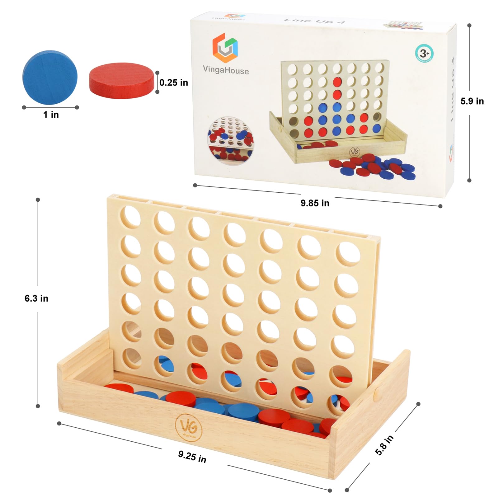 VingaHouse 4 in Einer Reihe Spiel Holz, Vertikales Strategiespiel für 2 Spieler, Pädagogisches Lernspielzeug, Geschenk für Kinder & Erwachsene, Brettspiel für Zuhause & Reisen (Holz) 5