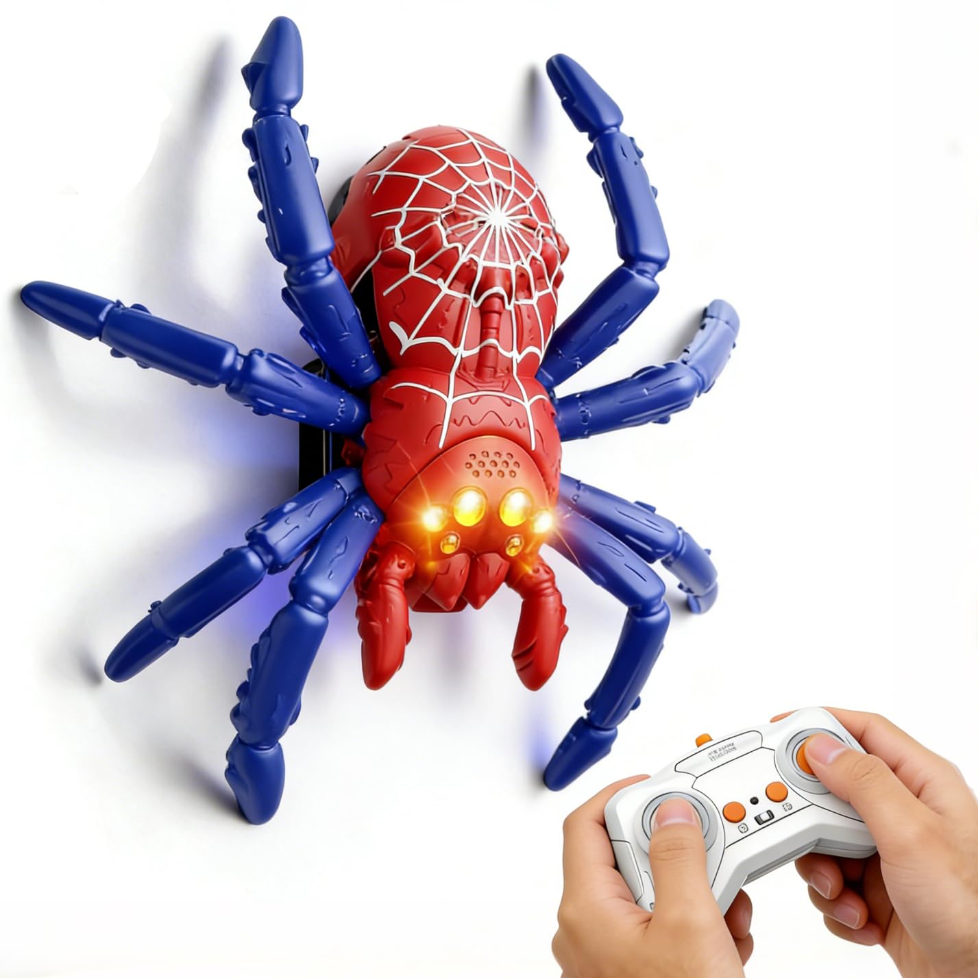 Whizant Remote Control Spider Toy with LED Eyes, Rechargeable Rc Crawler, Wall Climbing Toy Robots for Kids (Red-Blue)