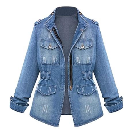 ICNCVKX Große Jeansjacke,Mantel Freizeit,Größe lässige Frauen,Lässige Damen in Übergröße,Jeans-Kettenjacke,Taschenjacke mit L