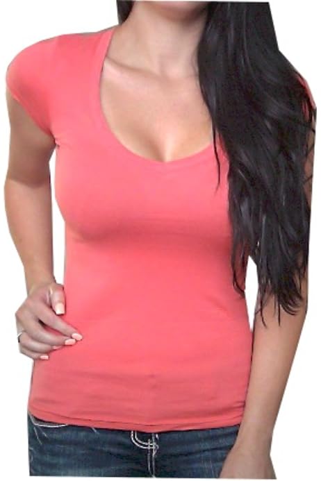 Color Story Clothing Sexy Women's Pink V-Neck Low-Cut Basic Short Sleeve T-Shirt  Top (Small) at Amazon Women's Clothing store