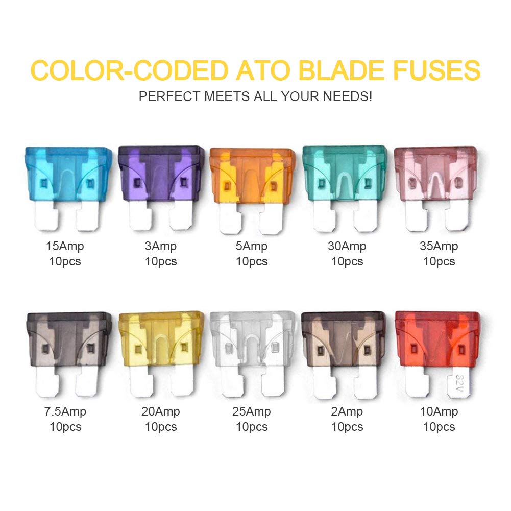 200Pcs Car Blade Fuses Assortment Set with Mini Puller - ECLEAR Standard Durable Assorted Fuses Replacement Kit - 2A 3A 5A 7.5 A 10A 15A 20A 25A 30A 35A Puller for Auto Truck Boat Marine RV SUV