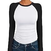Trendy Queen Women's Long Sleeve Shirts Slim Fit Stretchy Color Block Slightly Cropped Tops