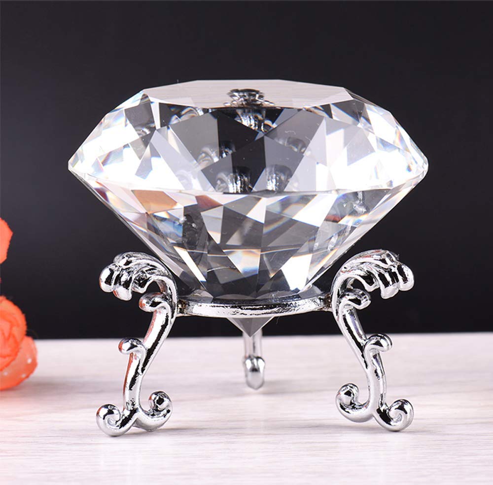 60MM(2.36") Crystal Diamond Paperweight with Silver Metal Base Stand, Diamond Shaped Crystal Jewel Paperweight Glass Gem Centerpieces Decoration for Home Office Wedding (Clear w/Metal Stand)
