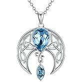 AOBOCO Sterling Silver Celtic Crescent Moon Goddess Pendant Irish Good Luck Necklace with Birthstone Crystal, Celtic Moon Jewelry Gift for Women Mom Wife