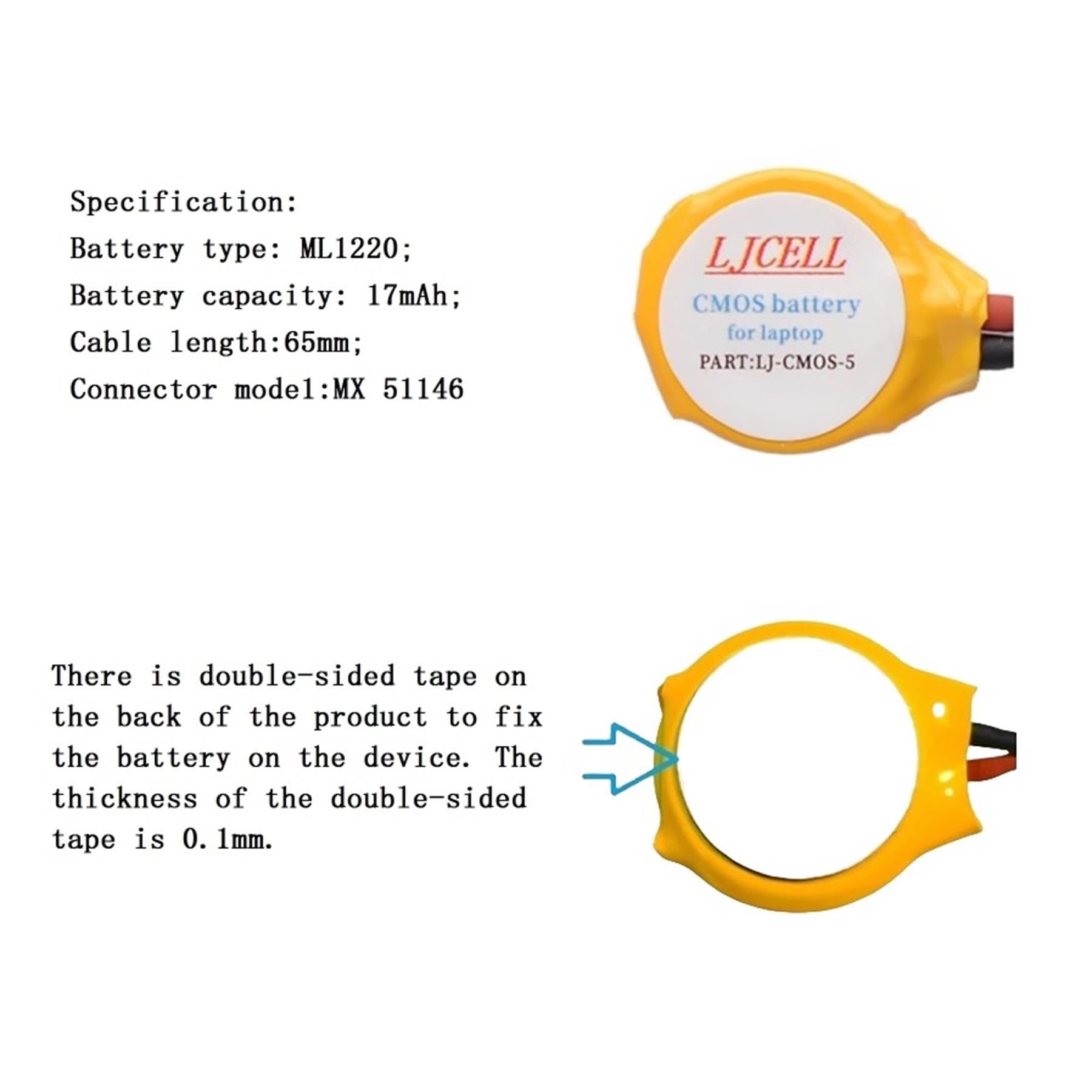 LJCELL CMOS ML1220 Battery for DELL XPS 13 15 9343 9350 9360 9365 BIOS RTC ML1220 Battery with 2 Wire Cable and Connector