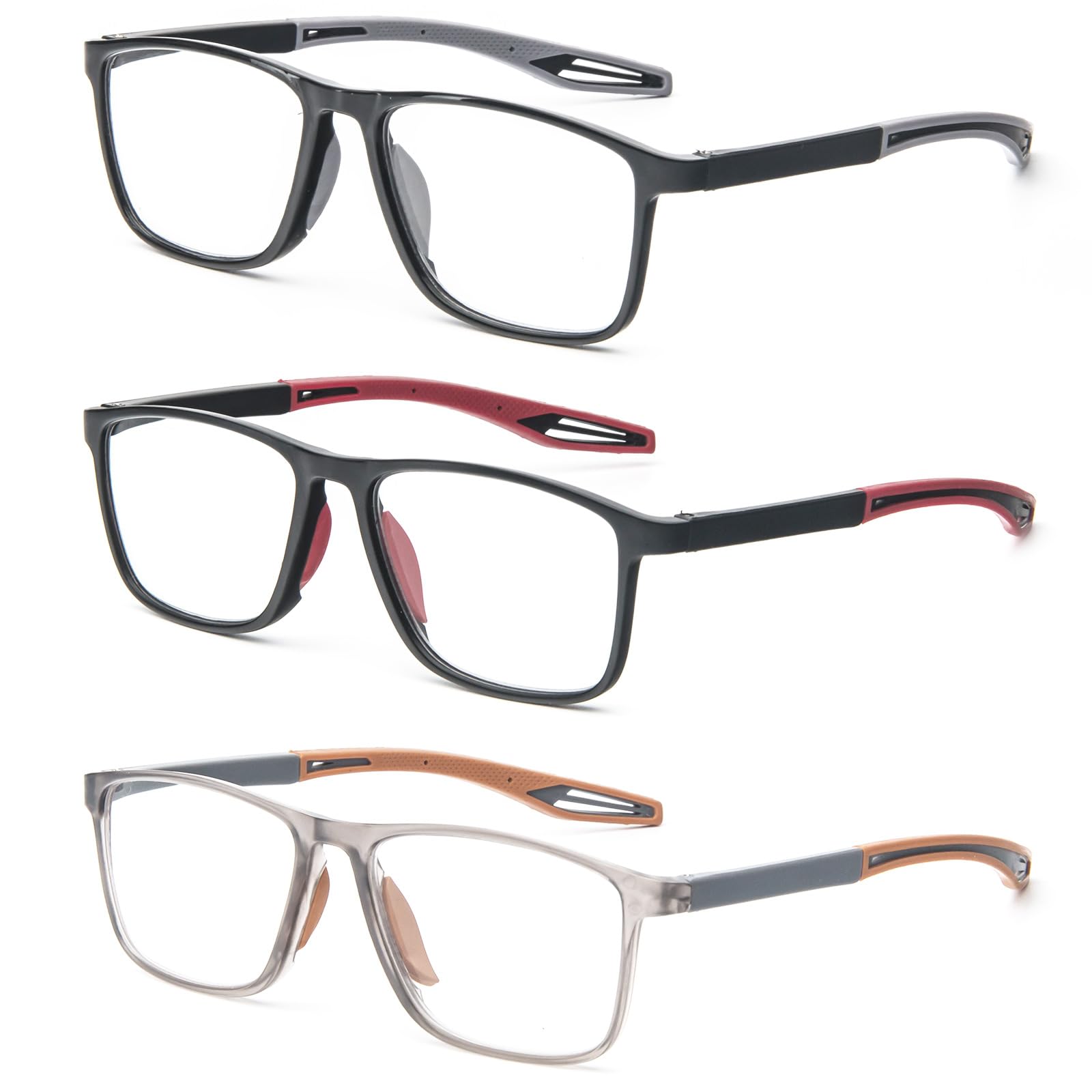 MMOWW 3 Pack Sports Reading Glasses Ultra-Light TR90 Square Frame for Men Women - Anti Blue Light Computer Reader (Grey+Red+Orange, +4.0)