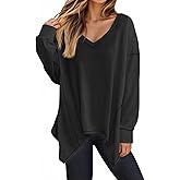 Tankaneo Womens Oversized Long Sleeve V Neck Tshirts Casual Loose Fit Shirts Trendy Fall Tunic Tops