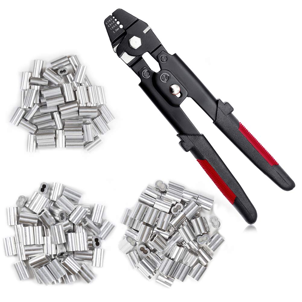SPEEDWOX 10 Inches Crimping Pliers with 180 Pcs Aluminum Double Barrel Ferrule Crimping Loop Sleeves Wire Rope Crimping Tool with Ergonomic Handle up to 2.2mm