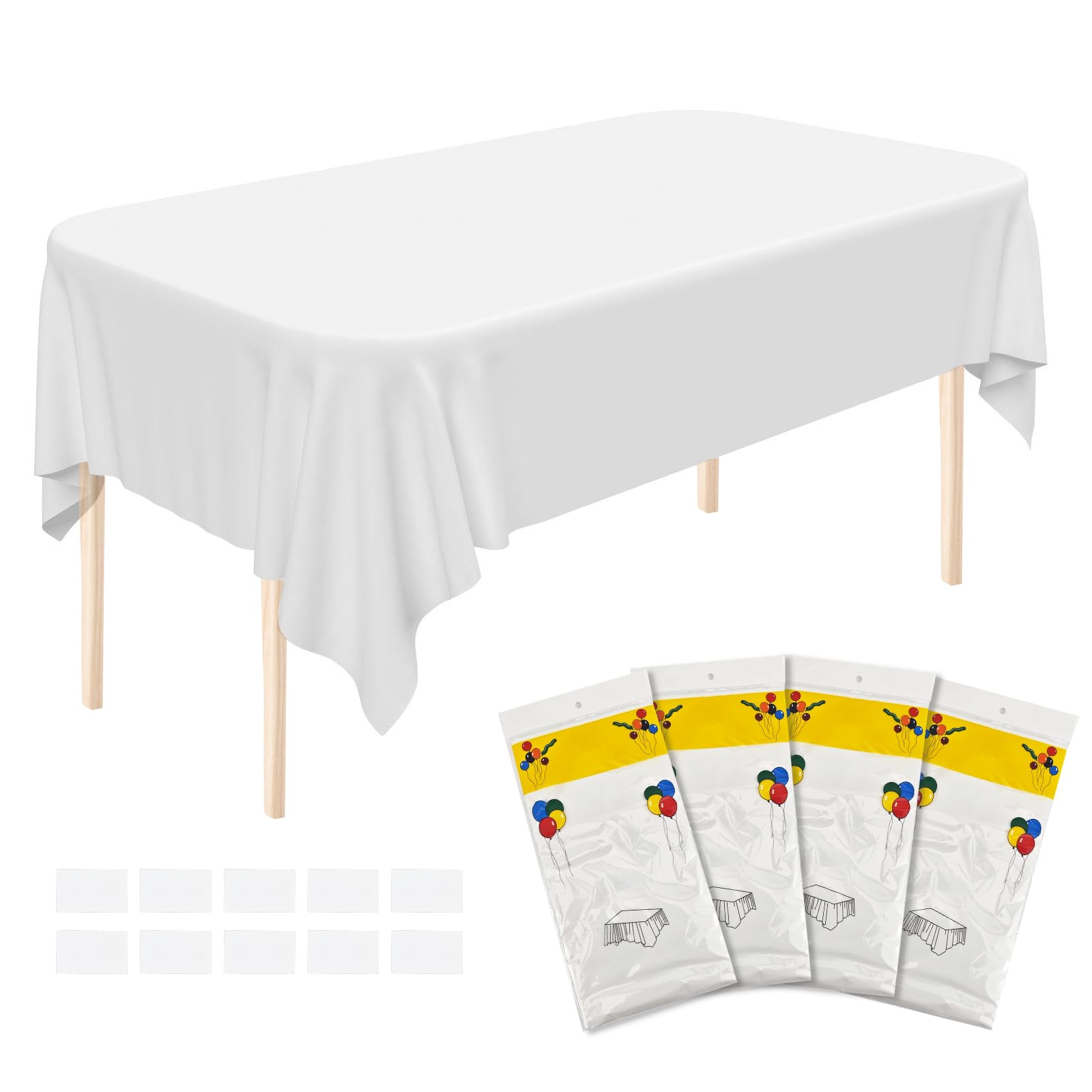 4Pcs Spill Proof White Plastic Tablecloth, 137x274cm Rectangular Wipe Clean Table Cover, Waterproof Vinyl Oilcloth with 10 Hook and Loop Fasteners, Large Washable Table Cloth for Dining Room Wedding