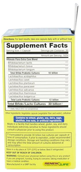 RENEW LIFE EXTRA CARE DIGESTIVE PROBIOTIC CAPSULES, DAILY SUPPLEMENT SUPPORTS IMMUNE, DIGESTIVE AND RESPIRATORY HEALTH, L. RHAMNOSUS GG, DAIRY, SOY AND GLUTEN-FREE, 30 BILLION CFU, 30 COUNT