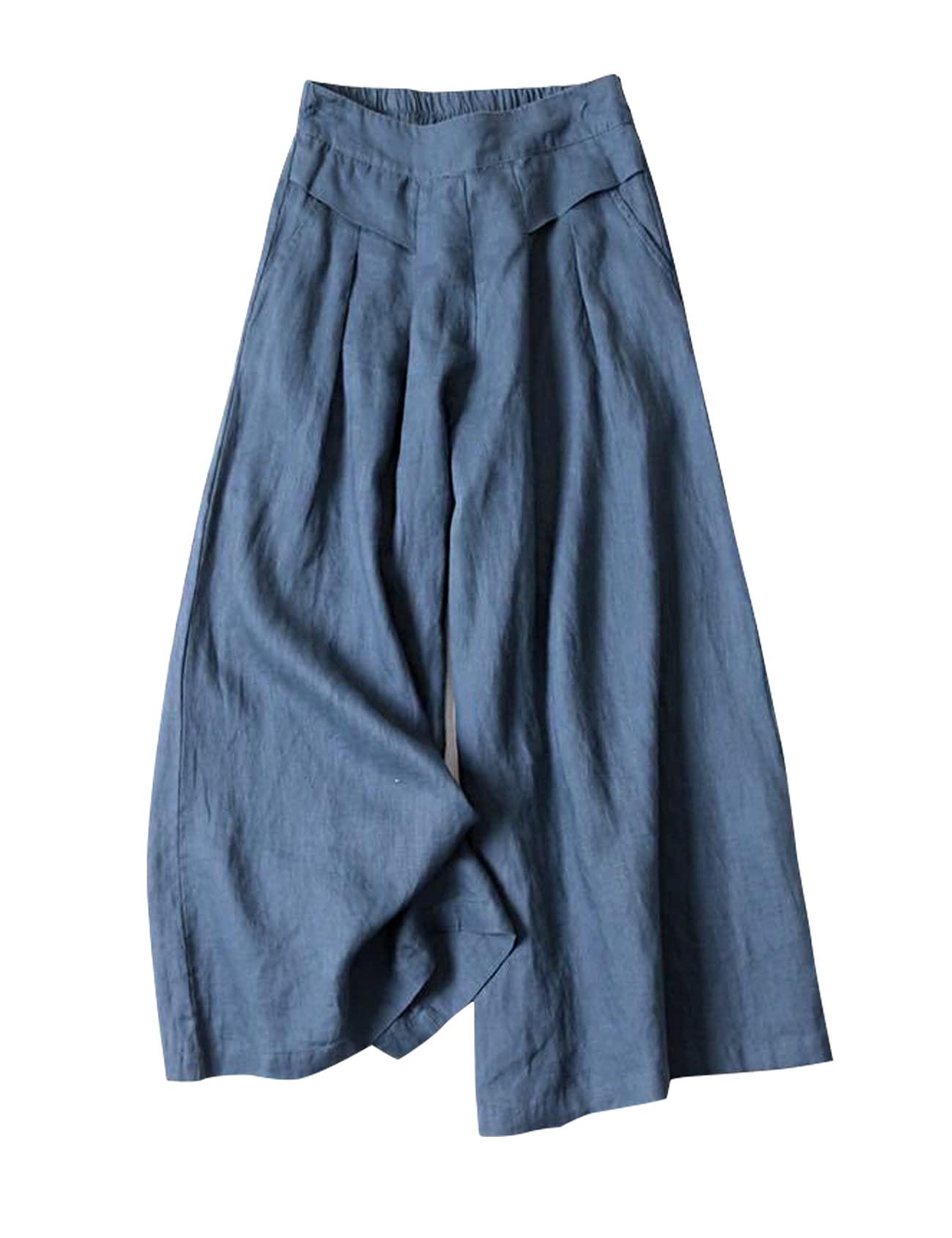 Gihuo Women' S Culottes Linen Blend Wide Leg Pants Elastic Waist Casual Palazzo Trousers With Pockets Capris - Fashion Store