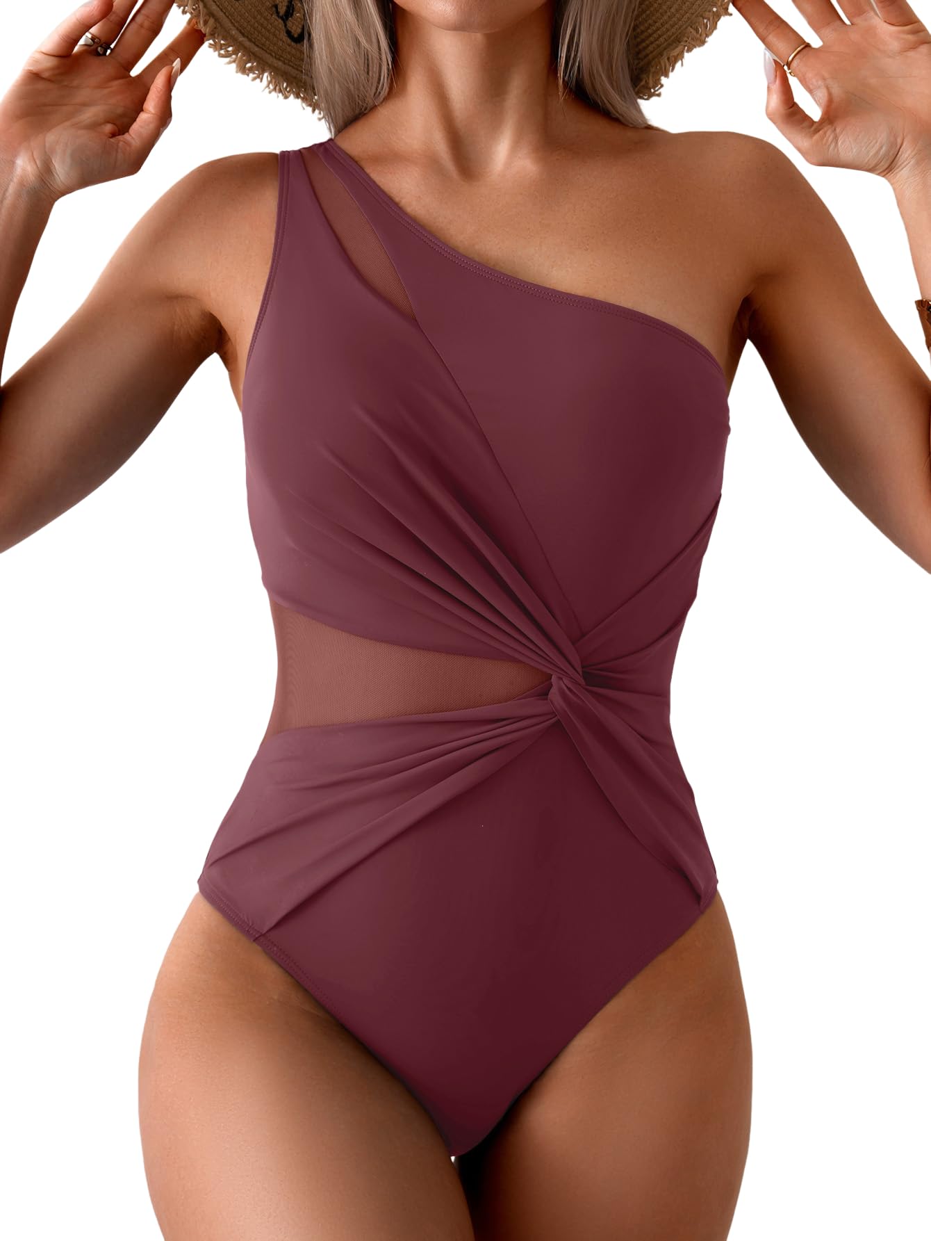 Photo 1 of Aidonger One Shoulder One Piece Swimsuit for Women Mesh Tummy Control Bathing Suit Twist Swimwear