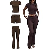 ZFLM Casual Women's 3-Piece Set Short Sleeved T-Shirt High Waist Folded Shorts Flare Leggings Pants Sports Set Workout