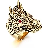 MayiaHey Dragon Ring,Gold Dragon Head Ring for Men, Gothic Ruby Eye Gold Dragon Ring Stainless Steel Punk Dragon Red Stone Ring for Men