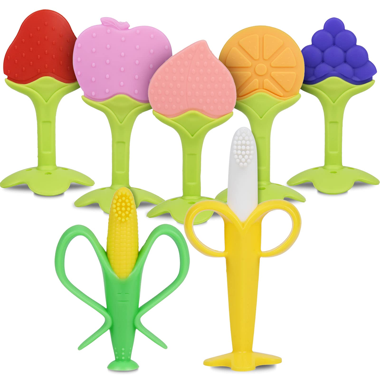 Vicloon Teething Toys for Baby, 7PCS Baby Silicone Teething Toy Training Babys Toothbrush teether chew Toy for Self-Soothing Organic Babys Teethers Massage Set, Newborn Infant, Babies Shower Gift