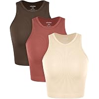 ODODOS 3-Pack Seamless Crop Tank for Women Ribbed Soft High Neck Cropped Tops