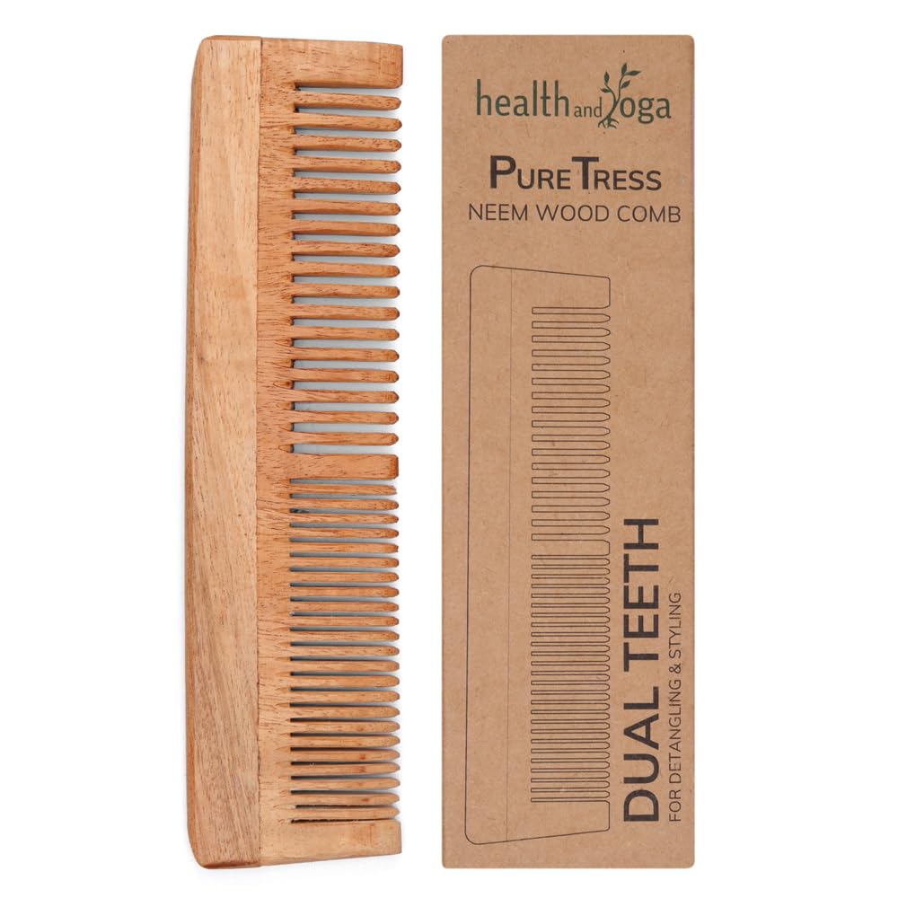 Photo 1 of HealthAndYoga™ PureTress Handcrafted Dual Teeth Neem Wood Comb – Fine PLUS Wide Tooth Comb for Women and Men - Non-Static and Eco-Friendly – Versatile for Curly and Wet Hair -7 inch