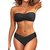 Women's Strapless Bandeau Bikini Set - Twist Front Two Piece Swimsuit with Side Tie Bathing Suit Bottom