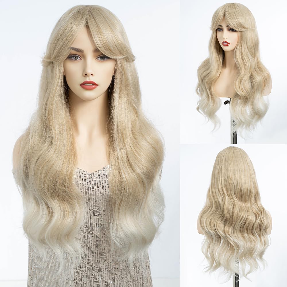 DÉBUT Long Wavy Wig With Fringe for Women Heat Resistant Synthetic Blonde Wigs With Bangs for Daily Party Cosplay Use（26 inches, T24Y/56E）