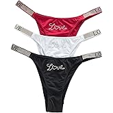 WDIRARA Women's 3 Pack Glitter Rhinestone Letter Print Thong Panties Low Rise Seamless Briefs Underwear
