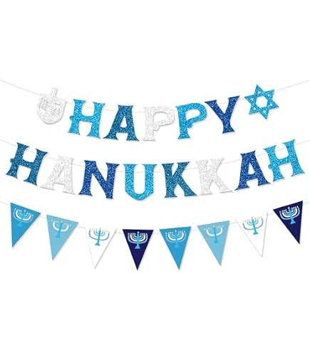Happy Hanukkah Glitter Banner Set - Silver Blue Decor With Star Of David & Dreidel, 6.1ft Pre-Strung Party Garland - View #2