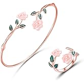 RLHRNDE 2pcs Rose Bracelet Ring Set for Women Fashion Dainty Red Rose Flower Green Leaf Open Cuff Adjustable Bracelets Rings Personalized Romantic Wedding Valentine's Day Jewelry Gift
