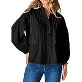 Skoinvb Women's Button Down Shirts Mandarin Collar V Neck Long Sleeve Blouse Pleated Shirt