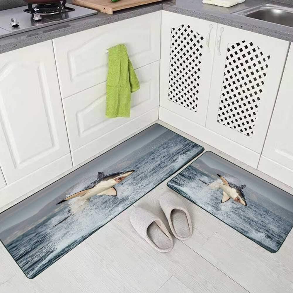 Musesh 2 Pieces Kitchen Rugs and Mats Non Skid Washable Great White Shark in Attack Hunting of South Africa Carcharias Kitchen Rug Set 17"X48"+17"X24" Kitchen Carpets and Rugs Modern Kitchen Rug