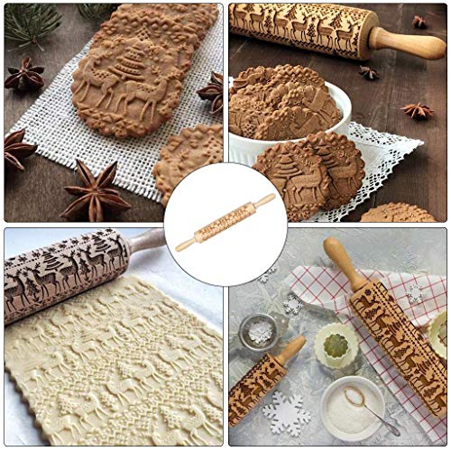 BOMEON Christmas Wooden Rolling Pins Engraved Embossing Rolling Pin with Christmas Symbols Deer for Baking Embossed Cookies Kitchen Tool (17"x 2")