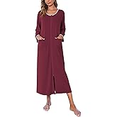 Ekouaer Women Long House Coat Zipper Front Robes Full Length Nightgowns with Pockets Striped Loungewear(Wine Red,X-Large)