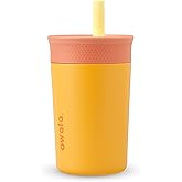 Owala Kids Insulation Stainless Steel Tumbler with Spill Resistant Flexible Straw, Easy to Clean, Kids Water Bottle, Great for Travel, Dishwasher Safe, 12 Oz, Peach and Yellow (Picnic)
