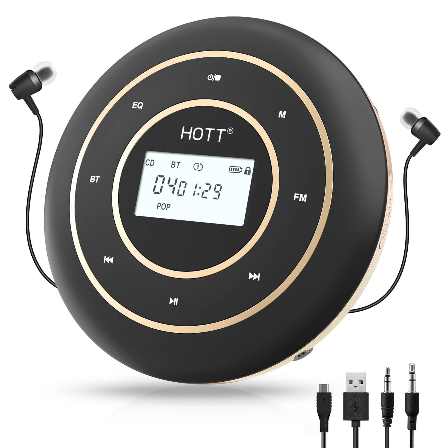 HOTT CD105 CD Player Portable for Car with Bluetooth and FM Transmitter Rechargeable Compact CD Player with Touch Buttons, Backlight Display for Home Cars Fitness