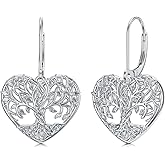 VONALA Tree of Life Earrings for Women 925 Sterling Silver Filigree Dangle Drop Earrings Heart Leverback Earrings Birthday Anniversary Christmas Jewelry Gifts