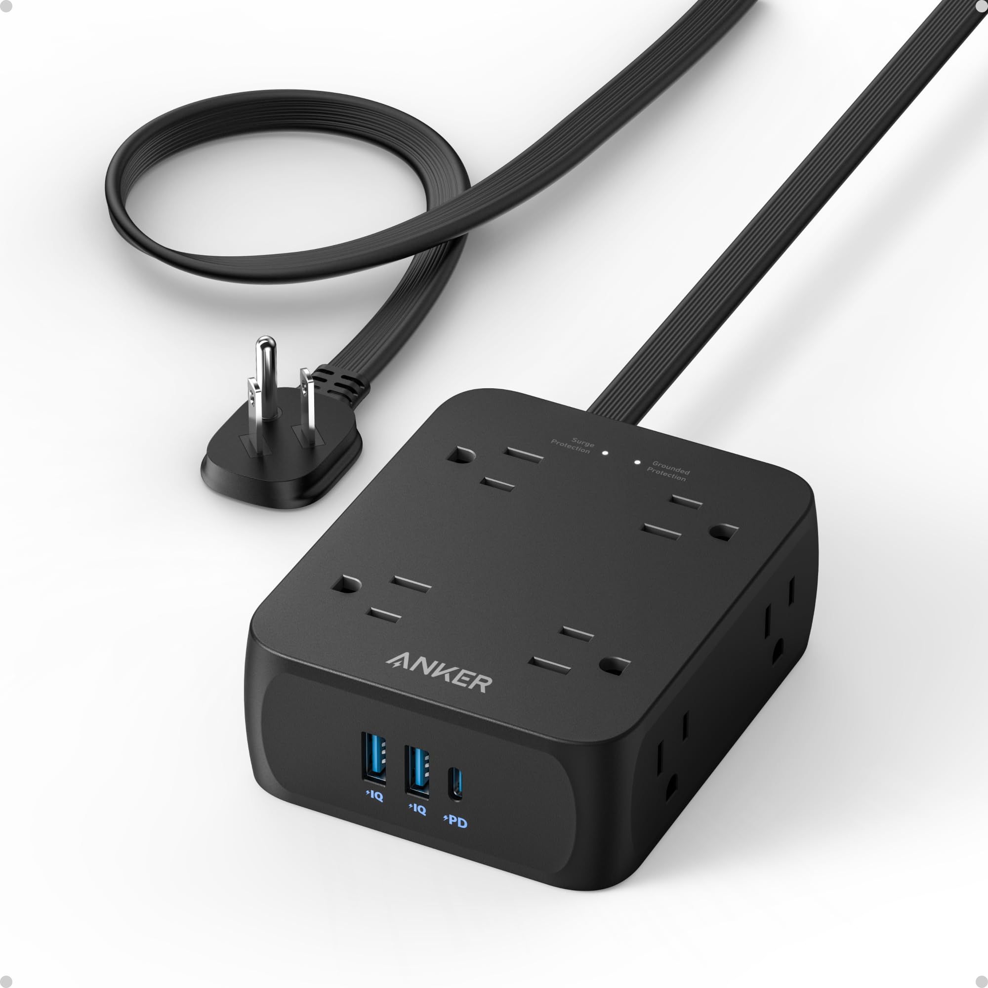 Anker Surge Protector Flat Plug Power Strip 2000J, 10ft Thin Extension Cord, 8 Outlets,2 USB A and 1 USB C Port,20W for iPhone15,Wall Mount,Compact for Home,Office,Room,TUV Listed Image Anker Surge Protector Flat Plug Power Strip 2000J, 10ft Thin Extension Cord, 8 Outlets,2 USB A and 1 USB C Port,20W for iPhone15,Wall Mount,Compact for Home,Office,Room,TUV Listed Image