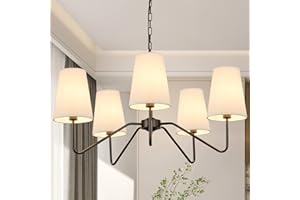 BOSCEOS 5-Light 30” Modern Chandelier with White Shades, Classic Pendant Ceiling Light Fixture for Dining Room, Black Chandelier with E12 Base Hanging Lamp for Living Room Hallway Bedroom, Height Adjustable