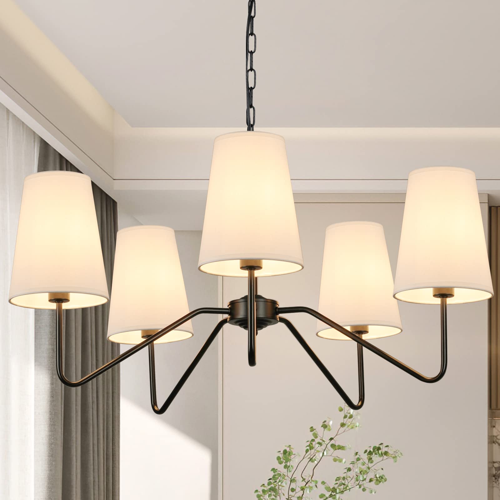 Photo 1 of 5-Light 30” Modern Chandelier with White Shades, Classic Pendant Ceiling Light Fixture for Dining Room, Black Chandelier with E12 Base Hanging Lamp for Living Room Hallway Bedroom, Height Adjustable