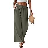 FireSwan Womens Linen Palazzo Pants Wide Leg Drawstring Casual Flowy Pants Summer Beach Trousers with Pockets