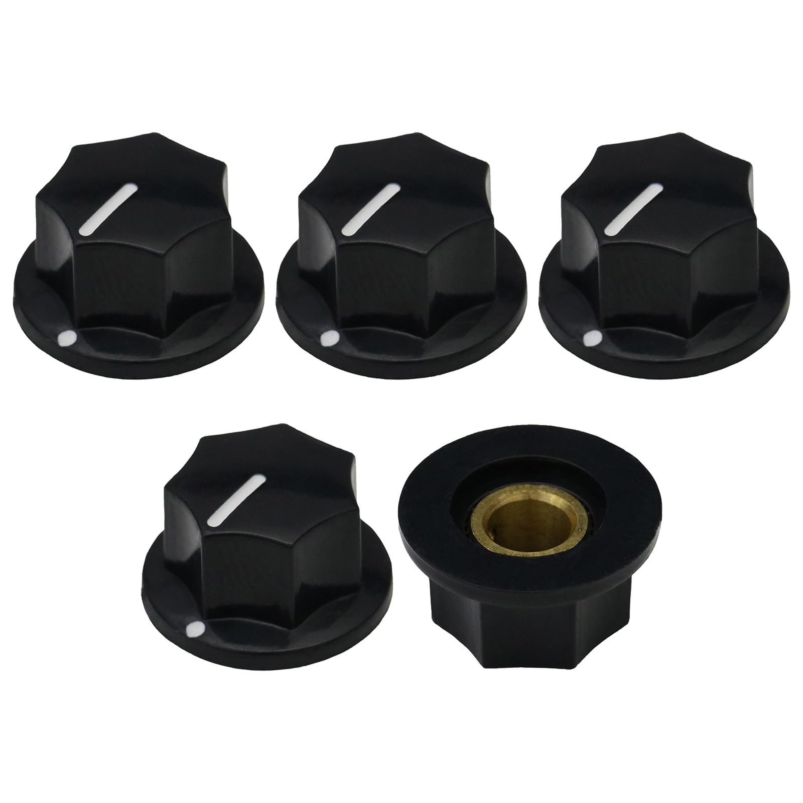 6.4mm Round Hole Large Skirted 7-Sided Guitar/Pedal Control Knob Pack of 5 (Black) — image 1