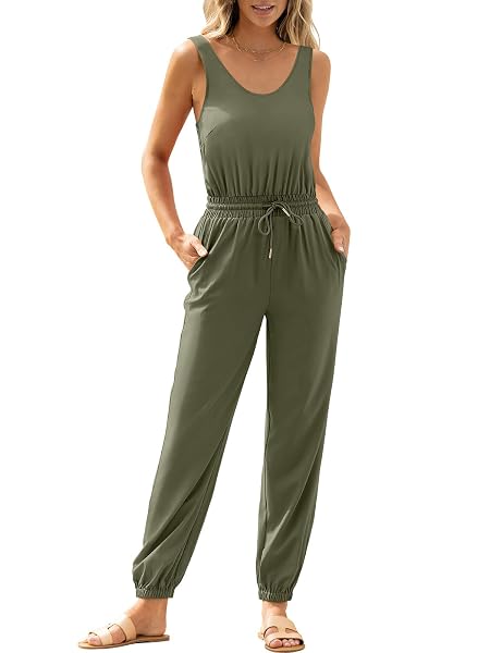 ANRABESS WOMEN SUMMER SLEEVELESS CASUAL LOOSE JUMPSUITS BACKLESS TANK JOGGER PANTS JUMPER ROMPER BEACH VACATION OUTFITS 1498JUNLV-S, SMALL, ARMY GREEN