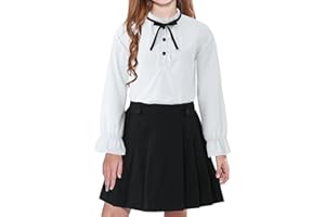 LIONJIE Girls White Blouse Ruffle Long Sleeve Button Down Shirt and Pleated Skirt School Uniform 2 Piece Outfit Set 3-12Y