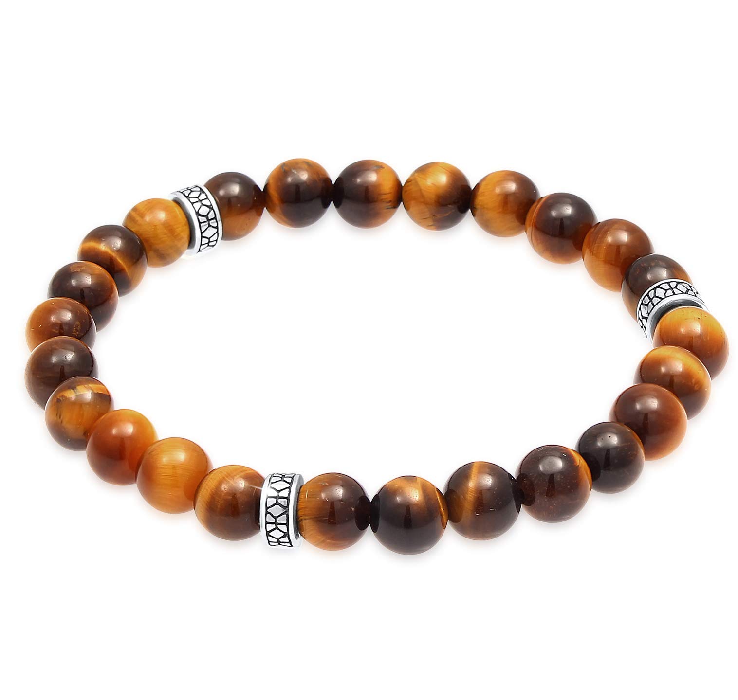 Kuzzoi Buddha Men's Natural Stone Bracelet, Elastic Gemstone Bracelet Made of Tiger's Eye Beads (8 mm), Bracelet with Silver Beads Made of 925 Sterling Silver, Length 21 Brown