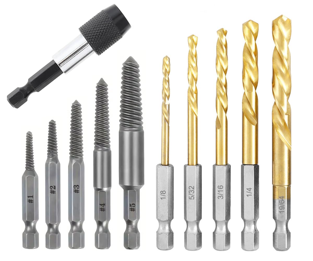 Saipor 11 Pieces Stripped Screw Extractor Set, Reverse Drill Bit Set, Hex Shank Left Hand Drill Bit and Bolt Kit for Removing Damaged Broken Screws, Bolts, and Studs