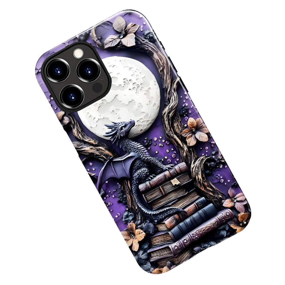Case for iPhone 16 Pro Max,Purple Dragon Book Moon Flower Phone Case Military-Grade Drop Protection Cover for Women Girl - Glossy