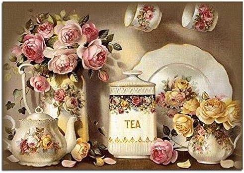 WiHome 5D Diamond Painting Kits for Adults Full Drill Delicate Floral Tea Set Embroidery Rhinestone Painting