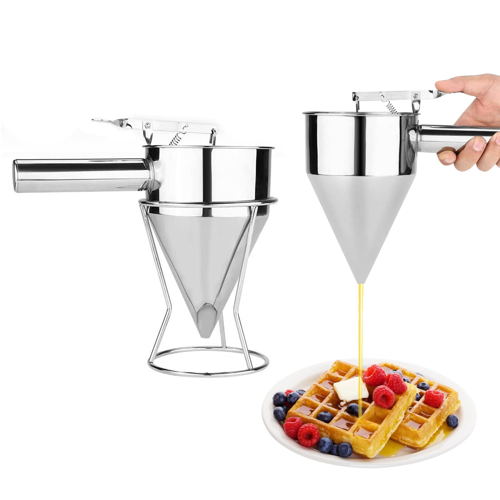 Stainless Steel Conical Funnel with Piston for Baking Cake Desserts Syrup Batter Dispenser Cooking Tool with Shelf Stainless Steel Funnel for Baking Batter Dispensing Syrup Pouring Cake Decorating