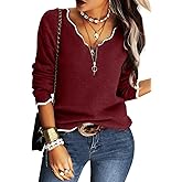 Hongqizo Women's V Neck Long Sleeve Sweater Half Zipper Knit Sweater Casual Cricket Stripe Jumper Pullover Knit Tops