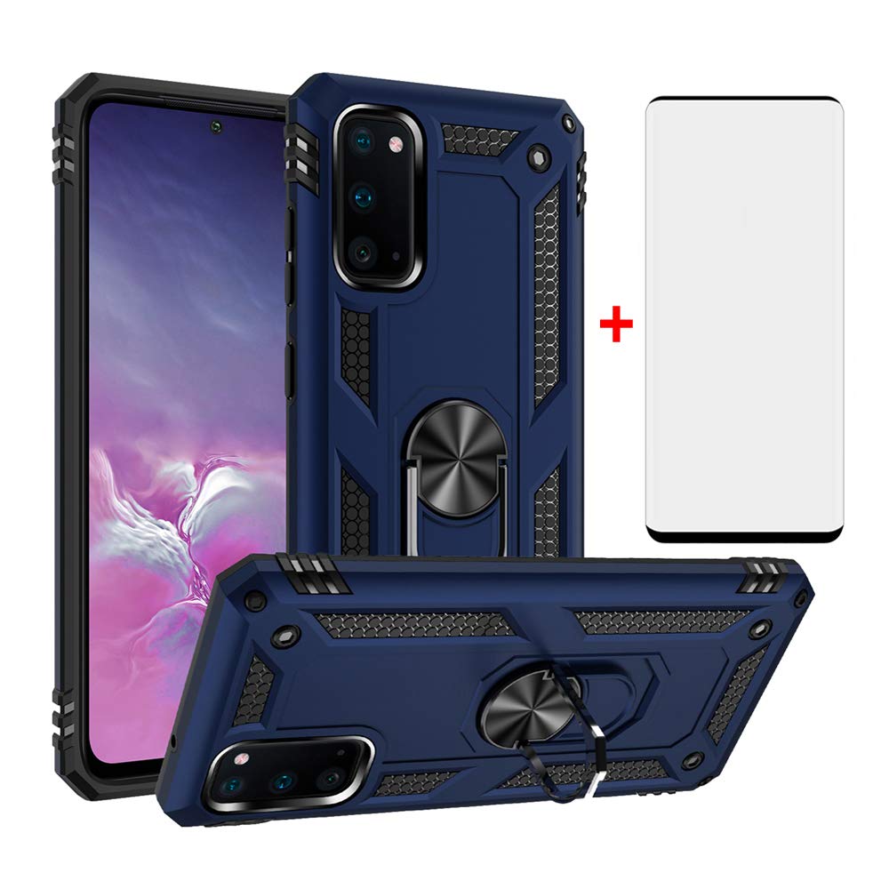 Phone Case for Samsung Galaxy S20/5G with Tempered Glass Screen Protector Cover Magnetic Stand Ring Holder Accessories Heavy Duty Rugged Protective Shockproof Hard Bumper SM-G980F/DS S 20 Mens Blue